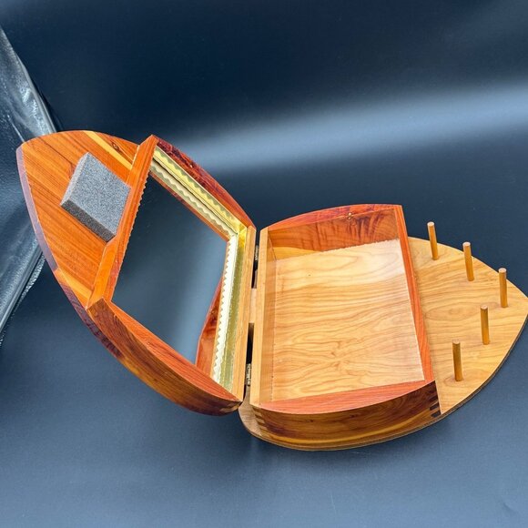 Vintage Heart Shaped Cedar Jewelry Box Mirror Necklace Ring Pegs Handmade Wooden - Picture 5 of 8